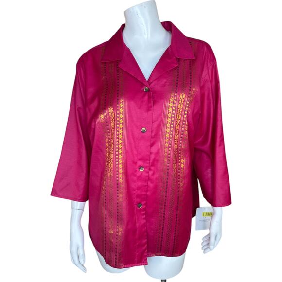 Liz Claiborne Woman XL Pink Button-Up Gold Metallic Details 3/4 Sleeve Blouse - Picture 1 of 11